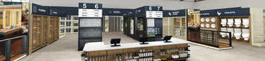 Rendering of a lumber and building materials retail store with aisles, displays, and cash desk