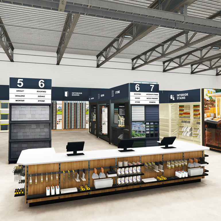 Rendering of a lumber and building materials store with feature ends and a custom cash desk